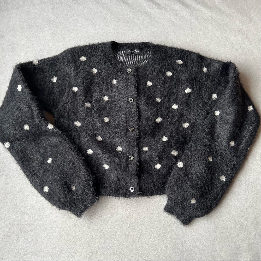 Emory Park ~ Fluffy Cardigan ~ Black with White Dots ~ Women’s Size Small